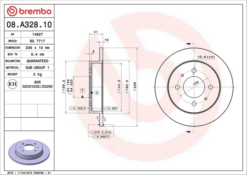 Brembo 08.A328.10 Brembo Solid Standard Rotor