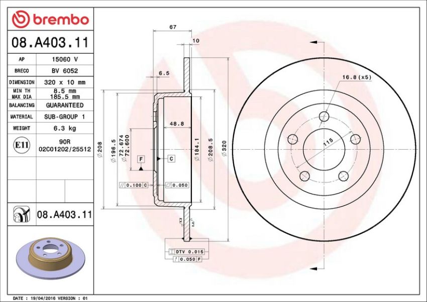 Brembo 08.A403.11 Brembo UV Coated Solid Brake Rotor
