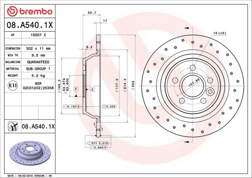 Brembo 08.A540.1X Premium UV Coated Rear Xtra Cross Drilled Brake Rotor