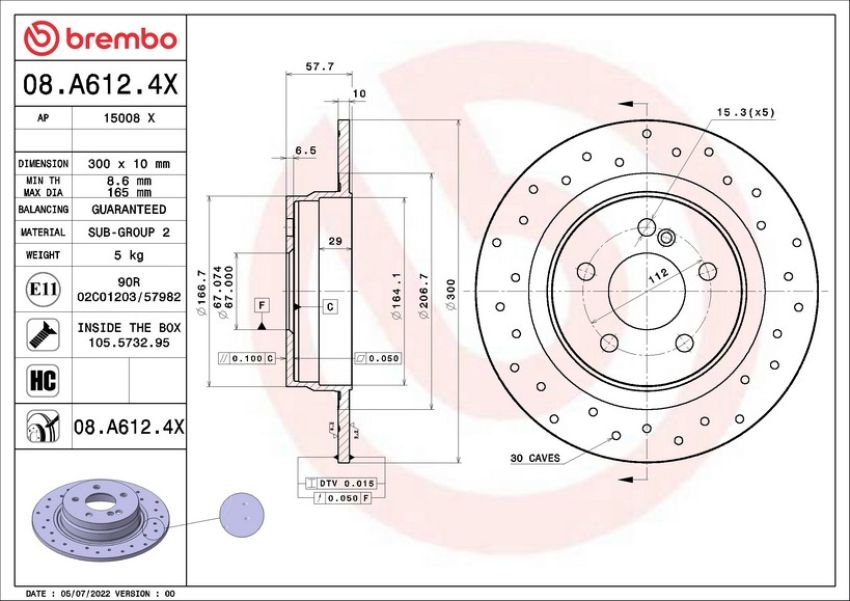 Brembo 08.A612.4X Premium UV Coated Xtra Cross Drilled Brake Rotor