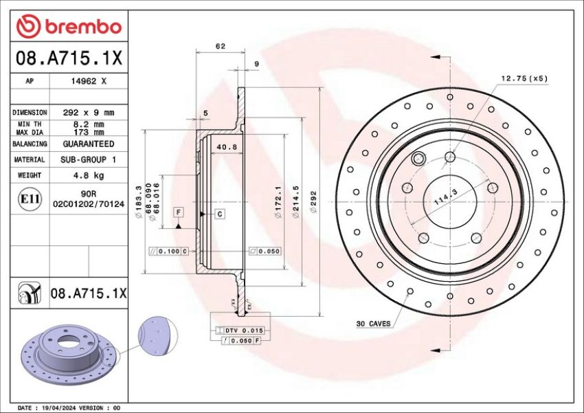 Brembo 08.A715.1X Premium UV Coated Xtra Cross Drilled Brake Rotor