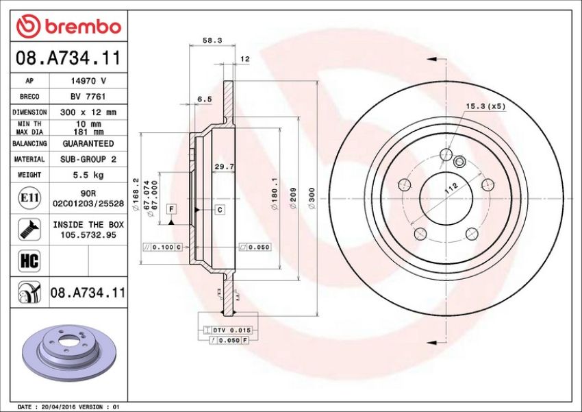 Brembo 08.A734.11 Brembo UV Coated Solid Brake Rotor