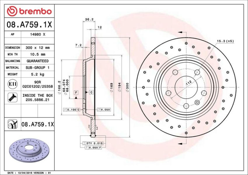 Brembo 08.A759.1X Premium UV Coated Rear Xtra Cross Drilled Brake Rotor