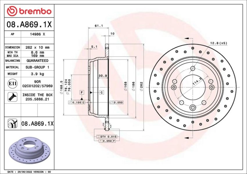 Brembo 08.A869.1X Premium UV Coated Xtra Cross Drilled Brake Rotor