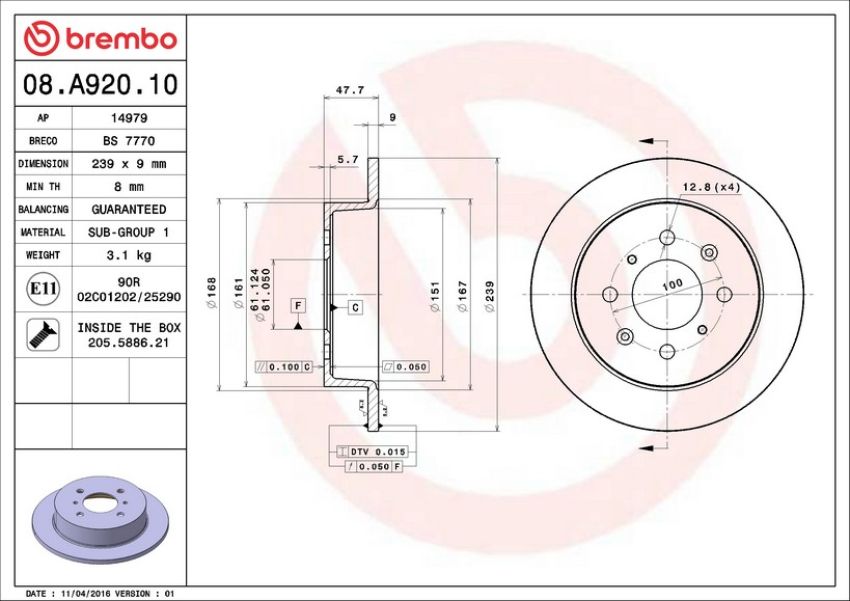 Brembo 08.A920.10 Brembo Solid Standard Rotor