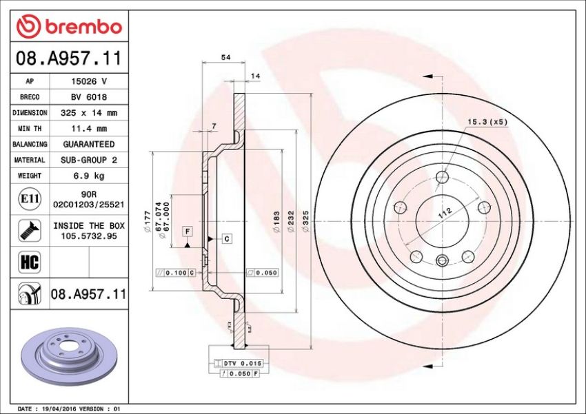Brembo 08.A957.11 Brembo UV Coated Solid Brake Rotor