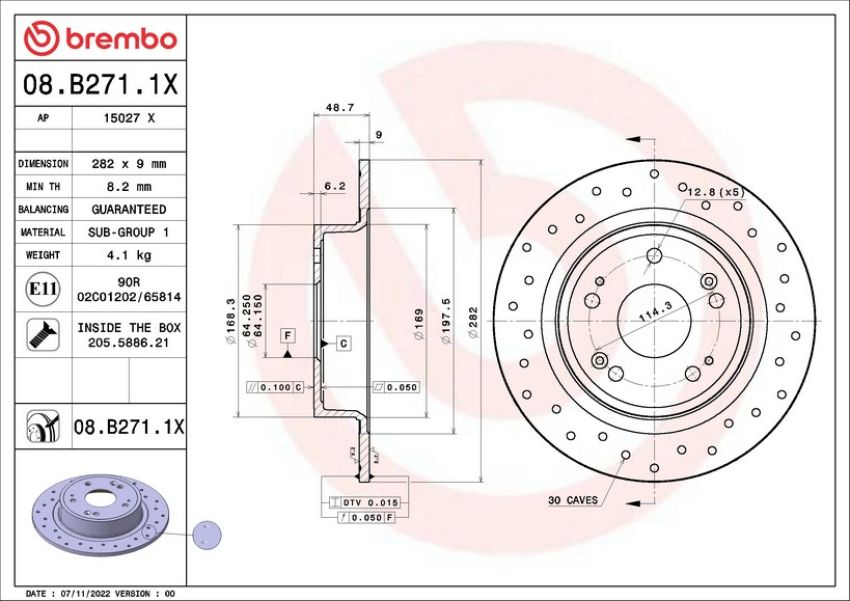 Brembo 08.B271.1X Premium UV Coated Xtra Cross Drilled Brake Rotor