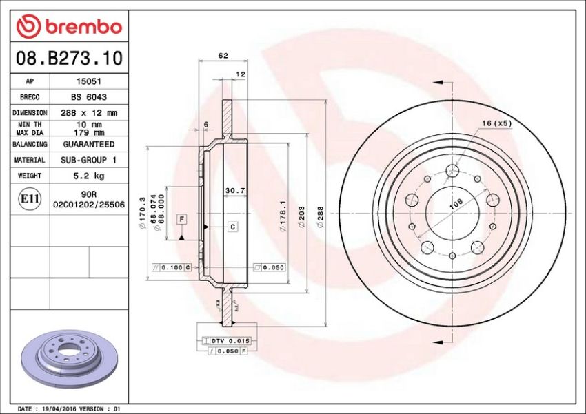 Brembo 08.B273.10 Brembo Solid Standard Rotor