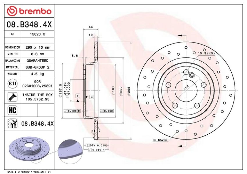 Brembo 08.B348.4X Premium UV Coated Rear Xtra Cross Drilled Brake Rotor