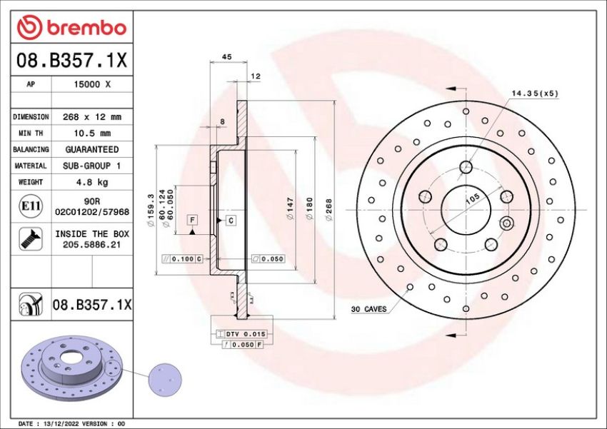 Brembo 08.B357.1X Premium UV Coated Xtra Cross Drilled Brake Rotor