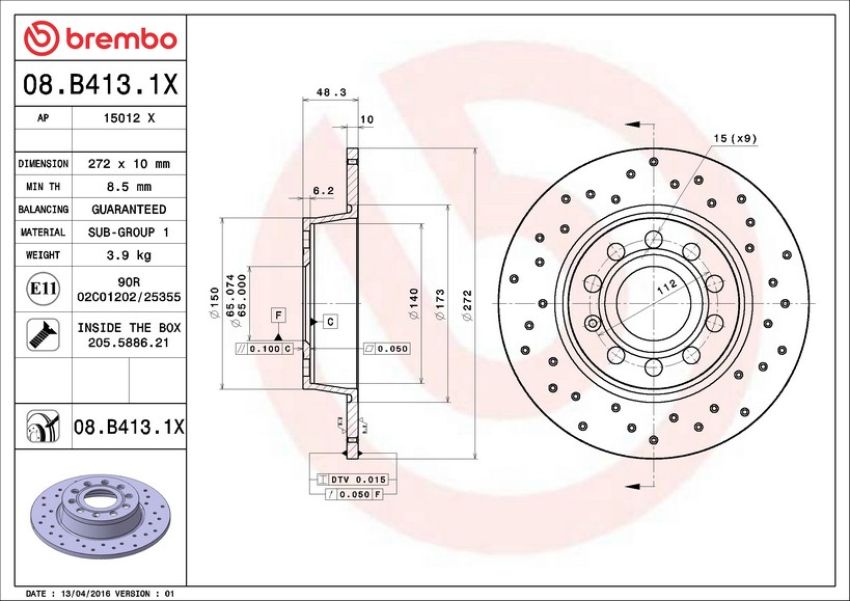 Brembo 08.B413.1X Premium UV Coated Rear Xtra Cross Drilled Brake Rotor