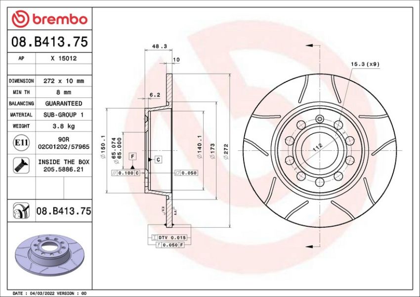 Brembo 08.B413.75 Premium Max Slotted UV Coated Rotor