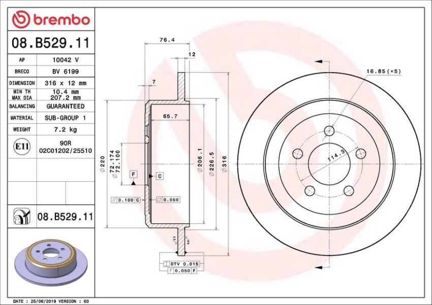 Brembo 08.B529.11 Brembo UV Coated Solid Brake Rotor