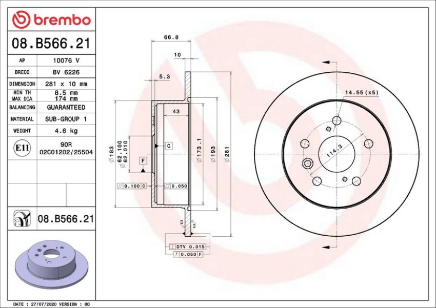 Brembo 08.B566.21 Brembo UV Coated Solid Brake Rotor