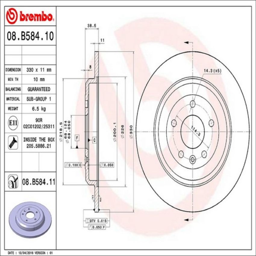 Brembo 08.B584.11 Brembo UV Coated Solid Brake Rotor