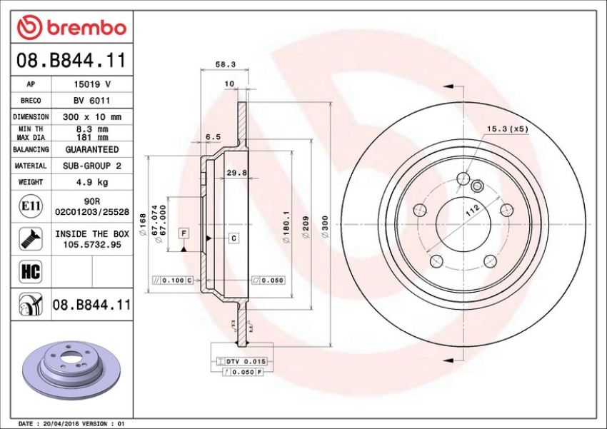 Brembo 08.B844.11 Brembo UV Coated Solid Brake Rotor