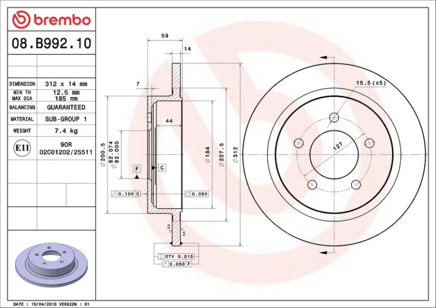 Brembo 08.B992.10 Brembo Solid Standard Rotor