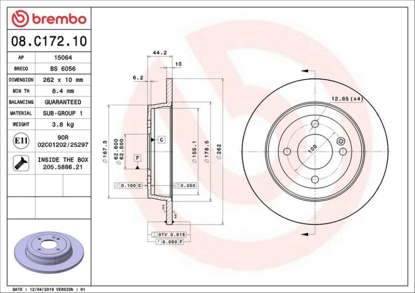 Brembo 08.C172.10 Brembo Solid Standard Rotor