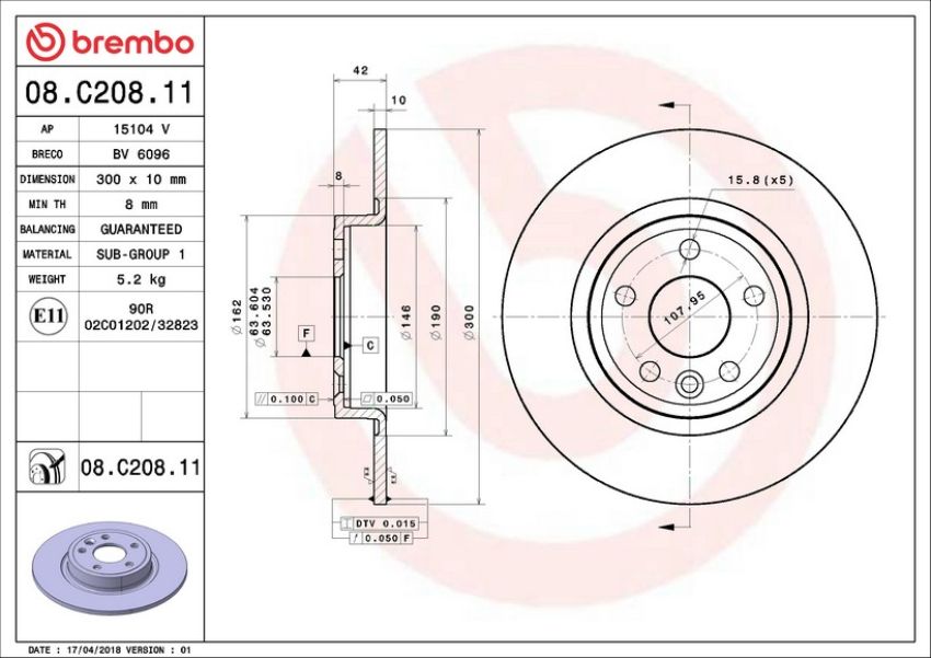 Brembo 08.C208.11 Brembo UV Coated Solid Brake Rotor