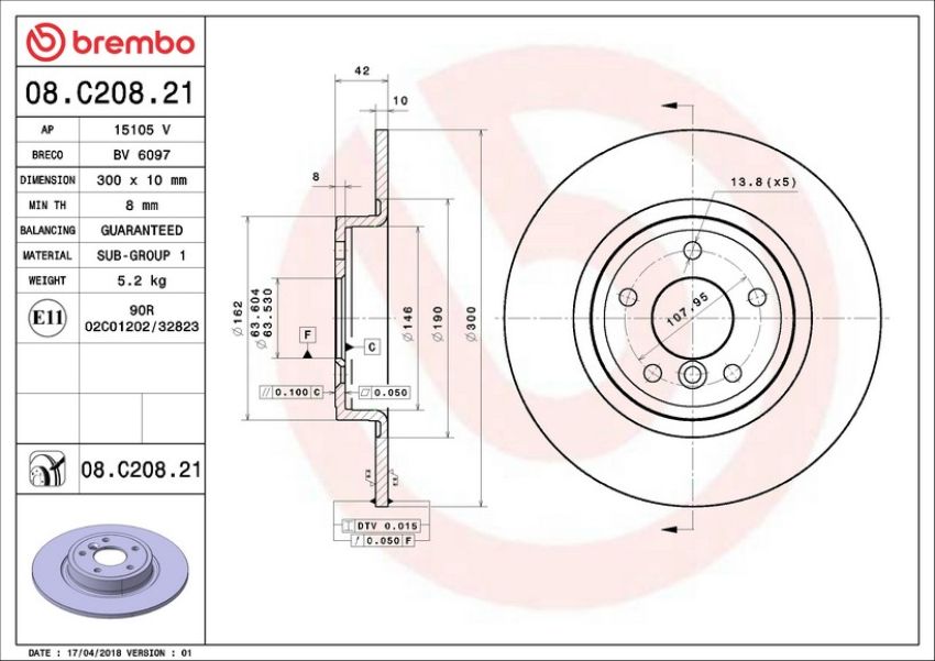 Brembo 08.C208.21 Brembo UV Coated Solid Brake Rotor