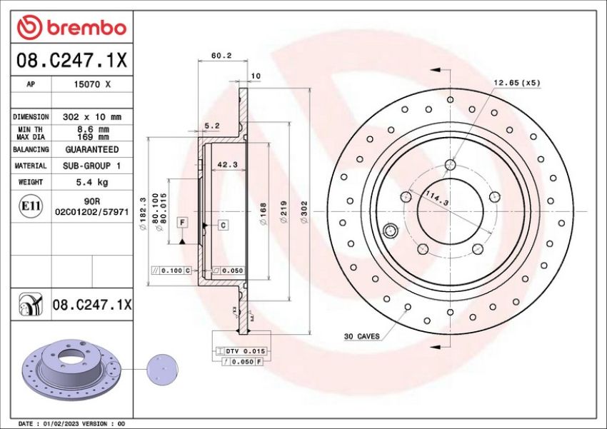 Brembo 08.C247.1X Premium UV Coated Xtra Cross Drilled Brake Rotor