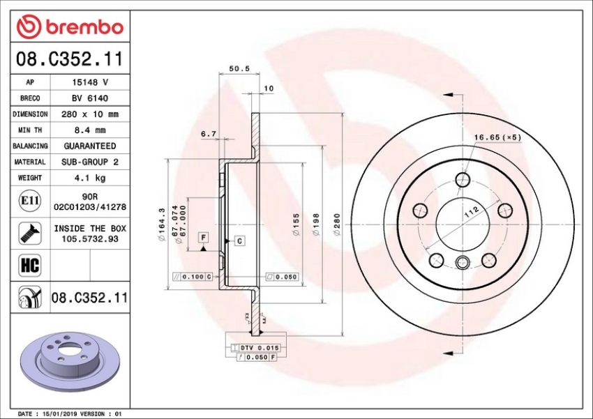 Brembo 08.C352.11 Brembo UV Coated Solid Brake Rotor