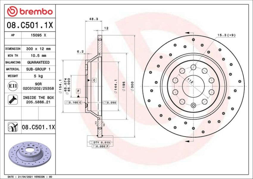 Brembo 08.C501.1X Premium UV Coated Xtra Cross Drilled Brake Rotor