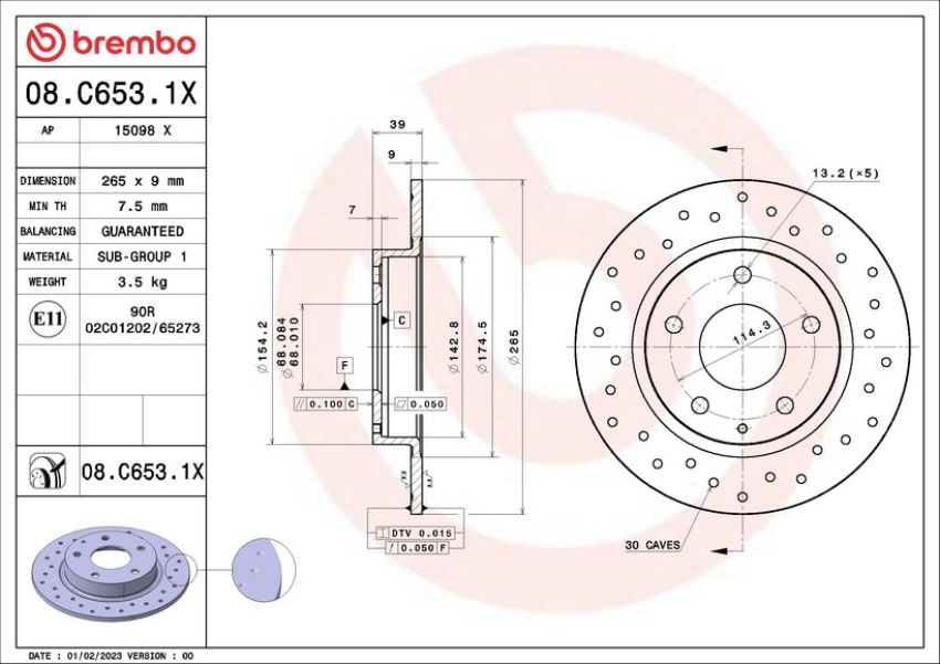 Brembo 08.C653.1X Premium UV Coated Xtra Cross Drilled Brake Rotor