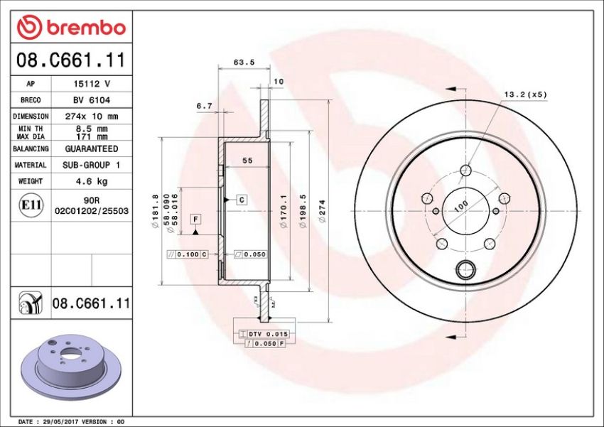 Brembo 08.C661.11 Brembo UV Coated Solid Brake Rotor