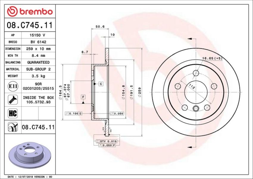 Brembo 08.C745.11 Brembo UV Coated Solid Brake Rotor