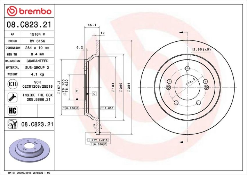 Brembo 08.C823.21 Brembo UV Coated Solid Brake Rotor