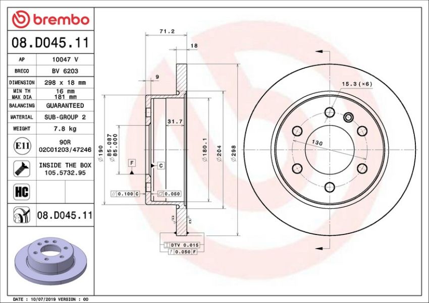 Brembo 08.D045.11 Brembo UV Coated Solid Brake Rotor