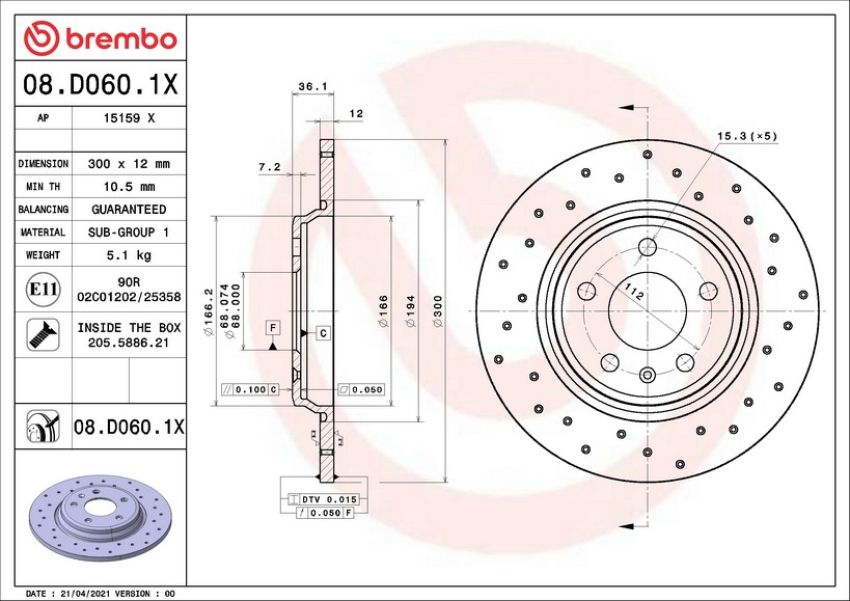 Brembo 08.D060.1X Premium UV Coated Xtra Cross Drilled Brake Rotor