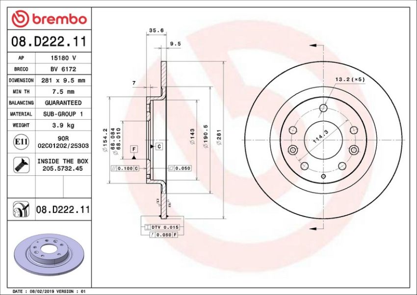 Brembo 08.D222.11 Brembo UV Coated Solid Brake Rotor