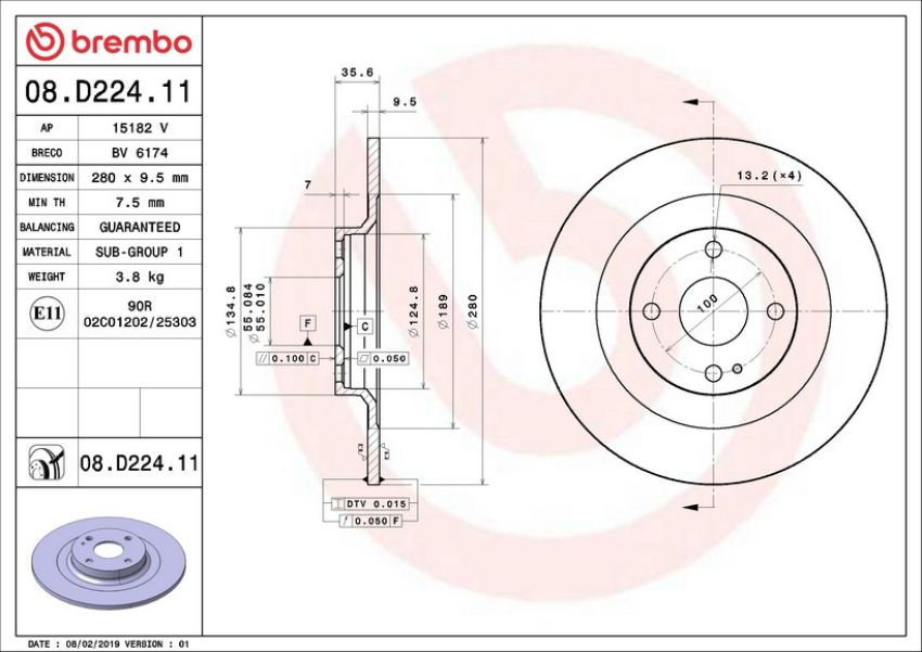Brembo 08.D224.11 Brembo UV Coated Solid Brake Rotor