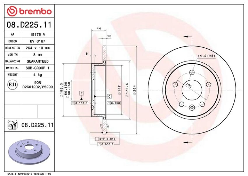 Brembo 08.D225.11 Brembo UV Coated Solid Brake Rotor