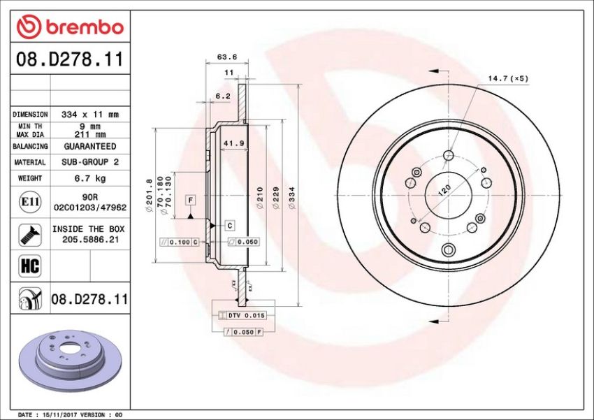 Brembo 08.D278.11 Brembo UV Coated Solid Brake Rotor