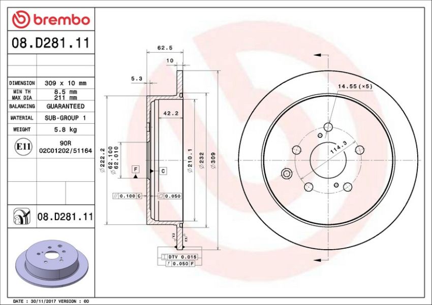 Brembo 08.D281.11 Brembo UV Coated Solid Brake Rotor