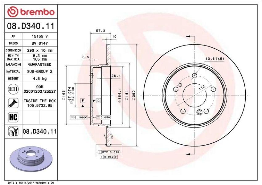 Brembo 08.D340.11 Brembo UV Coated Solid Brake Rotor