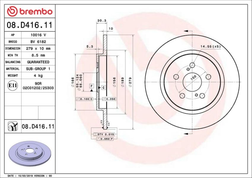 Brembo 08.D416.11 Brembo UV Coated Solid Brake Rotor