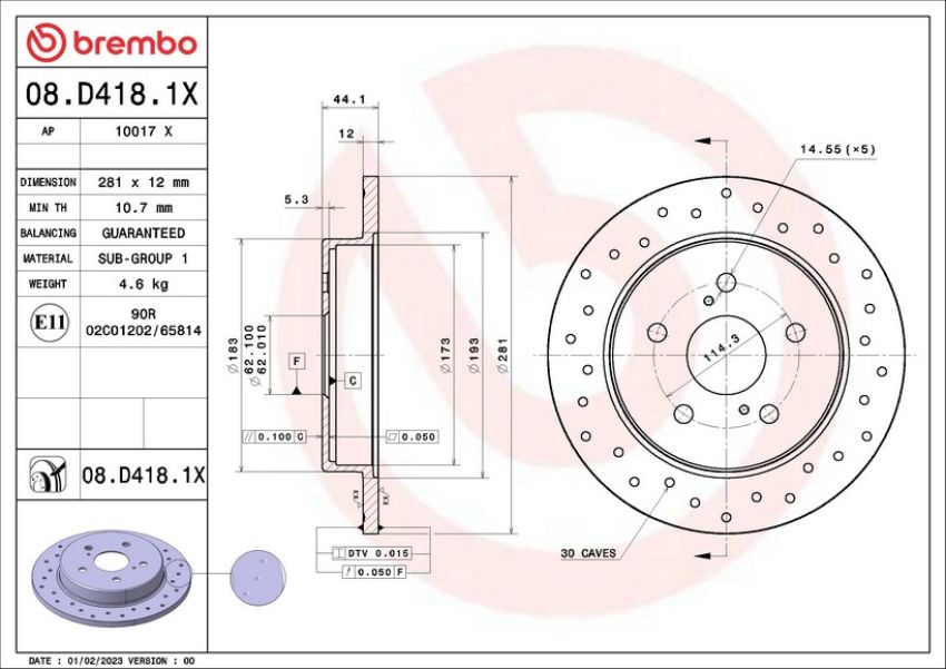 Brembo 08.D418.1X Premium UV Coated Xtra Cross Drilled Brake Rotor