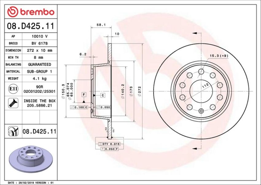 Brembo 08.D425.11 Brembo UV Coated Solid Brake Rotor