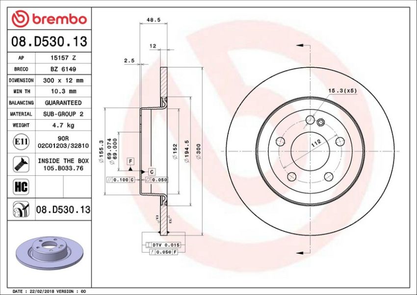 Brembo 08.D530.13 Premium Co-Cast Coated Brake Rotor
