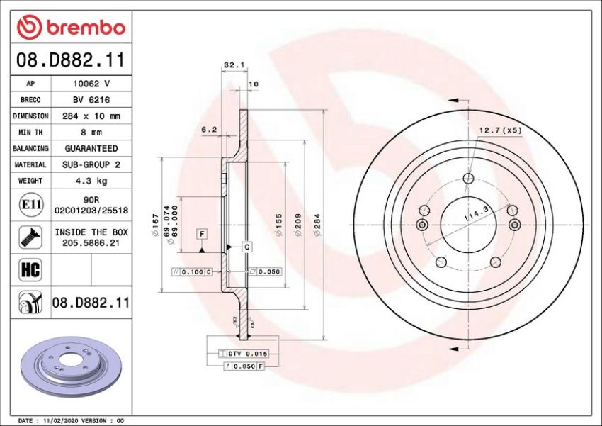 Brembo 08.D882.11 Brembo UV Coated Solid Brake Rotor