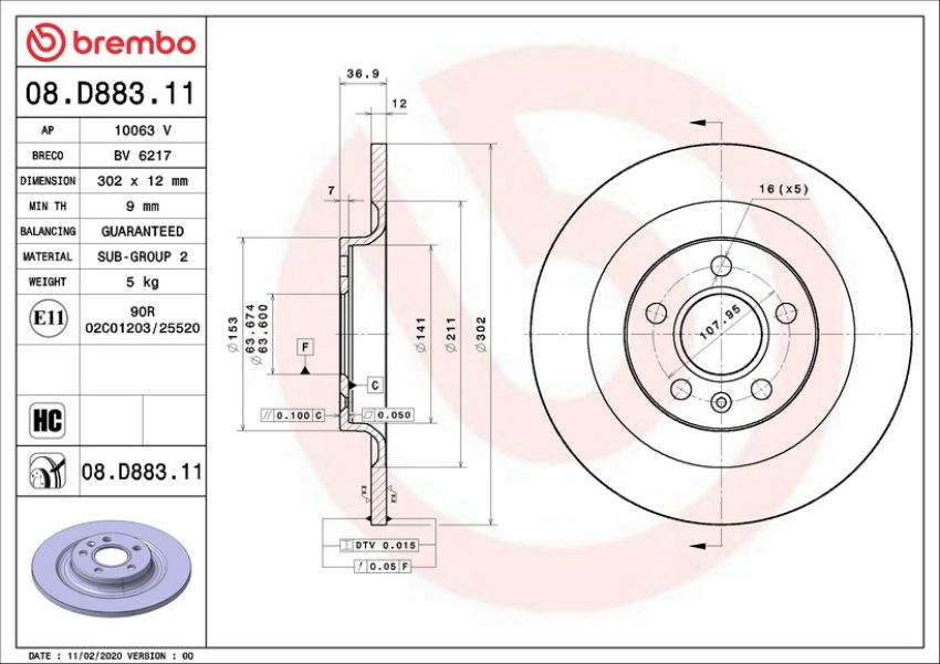 Brembo 08.D883.11 Brembo UV Coated Solid Brake Rotor