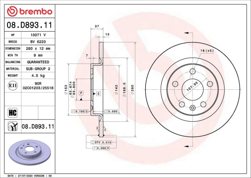 Brembo 08.D893.11 Brembo UV Coated Solid Brake Rotor
