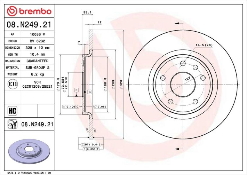Brembo 08.N249.21 Brembo UV Coated Solid Brake Rotor
