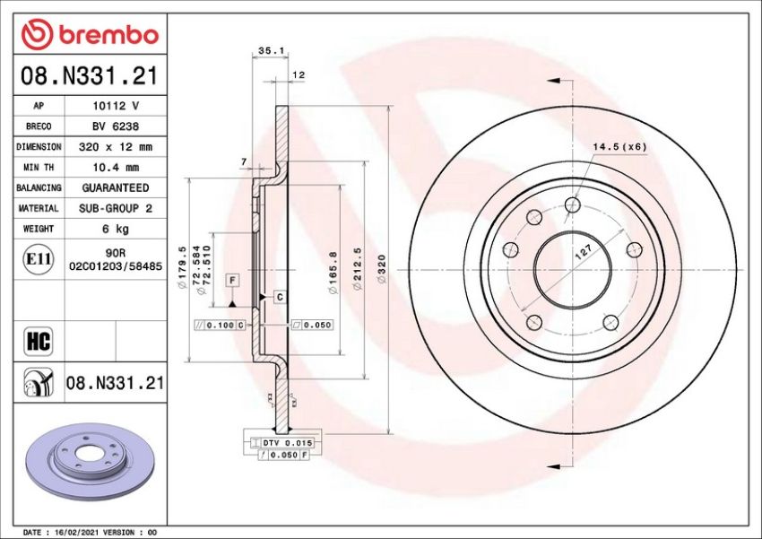 Brembo 08.N331.21 Brembo UV Coated Solid Brake Rotor