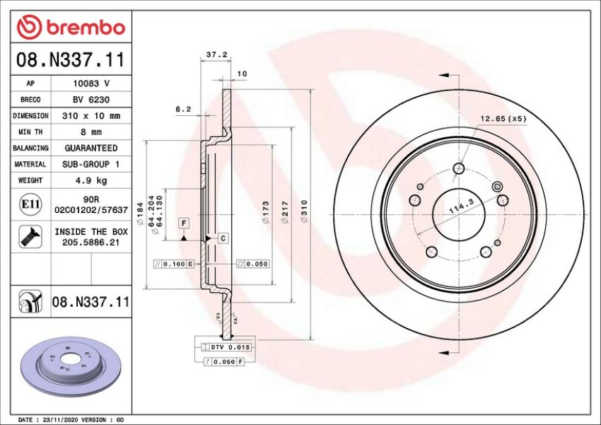 Brembo 08.N337.11 Brembo UV Coated Solid Brake Rotor