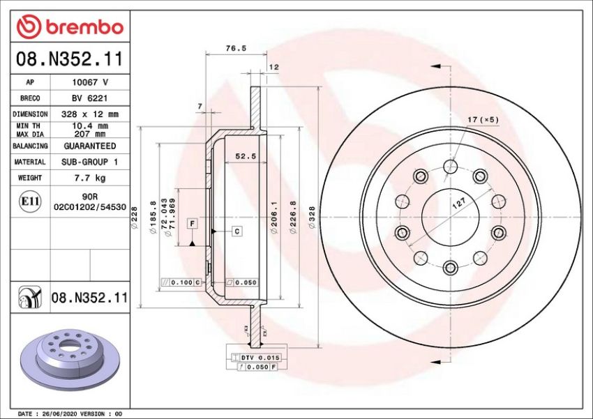 Brembo 08.N352.11 Brembo UV Coated Solid Brake Rotor